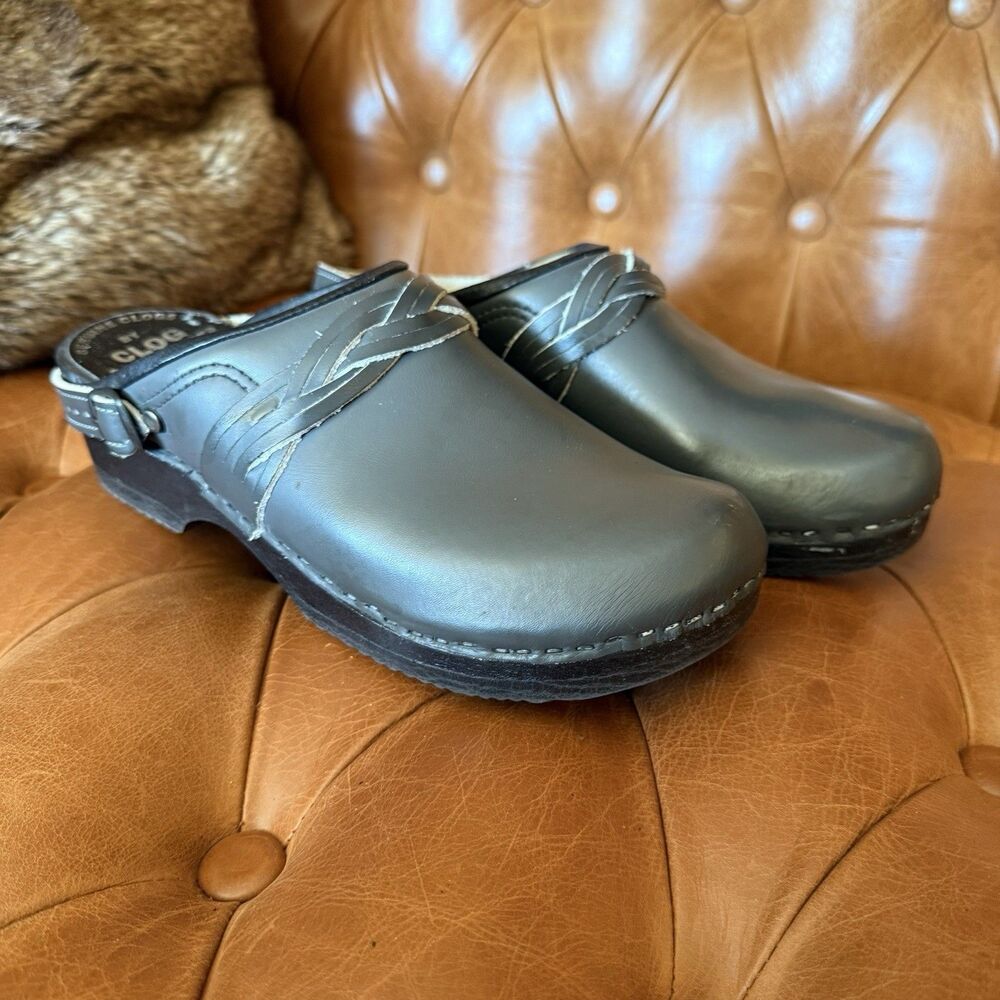 Sven Clog Master Women Eu 41 Gray Leather Woven Accent Shoes Wooden Slip On